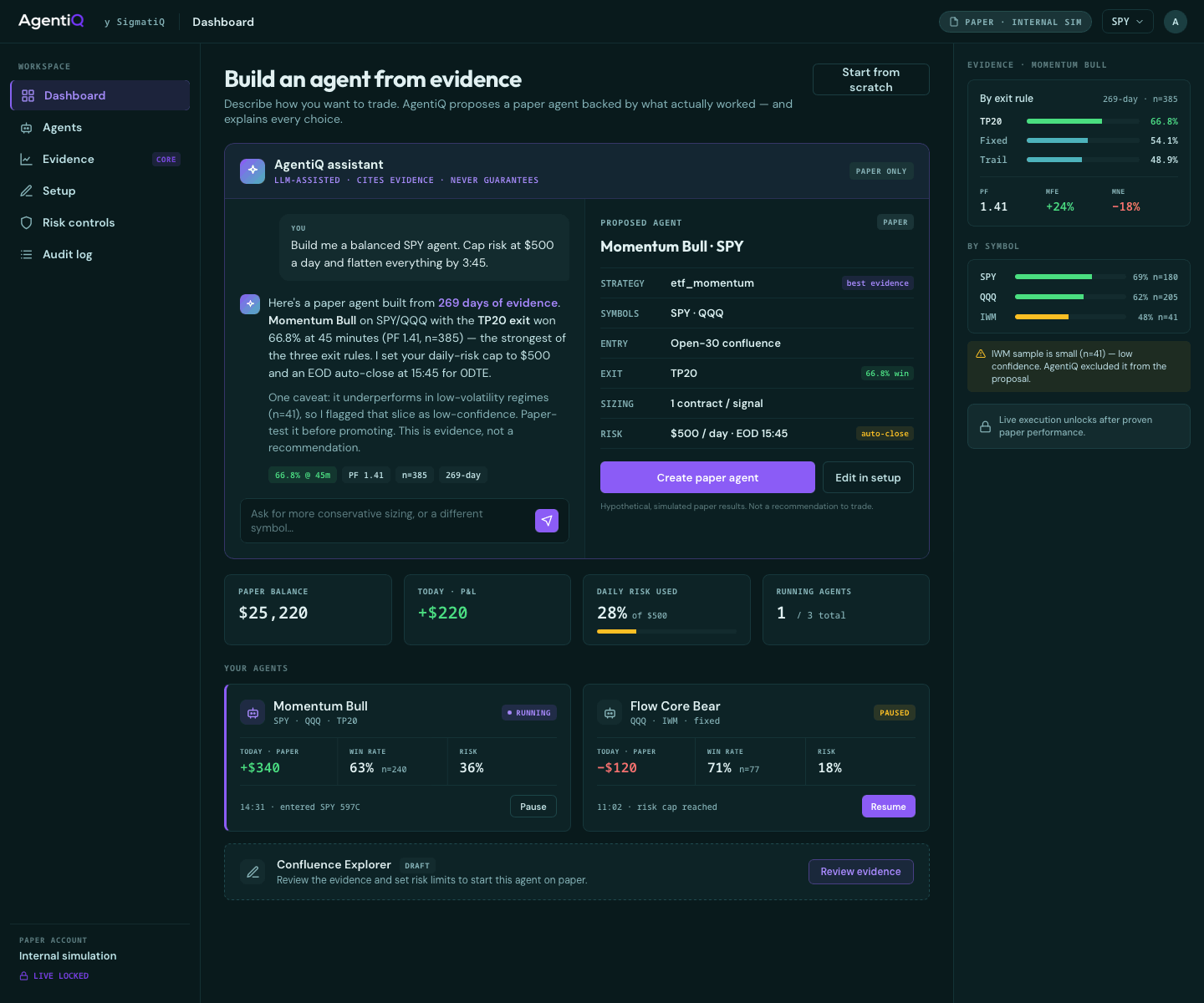 AgentiQ web app — build an agent from evidence